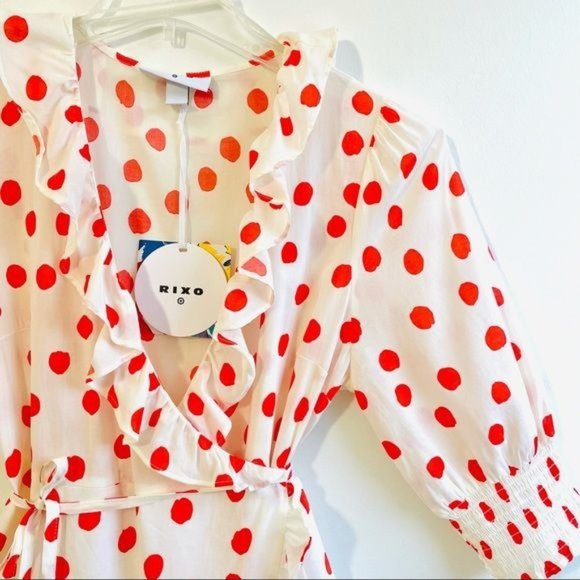 Rixo Woman's Dress XXS Red Polka Dot Mini Wrap Ruffle Belted Half Sleeve New - Picture 4 of 17